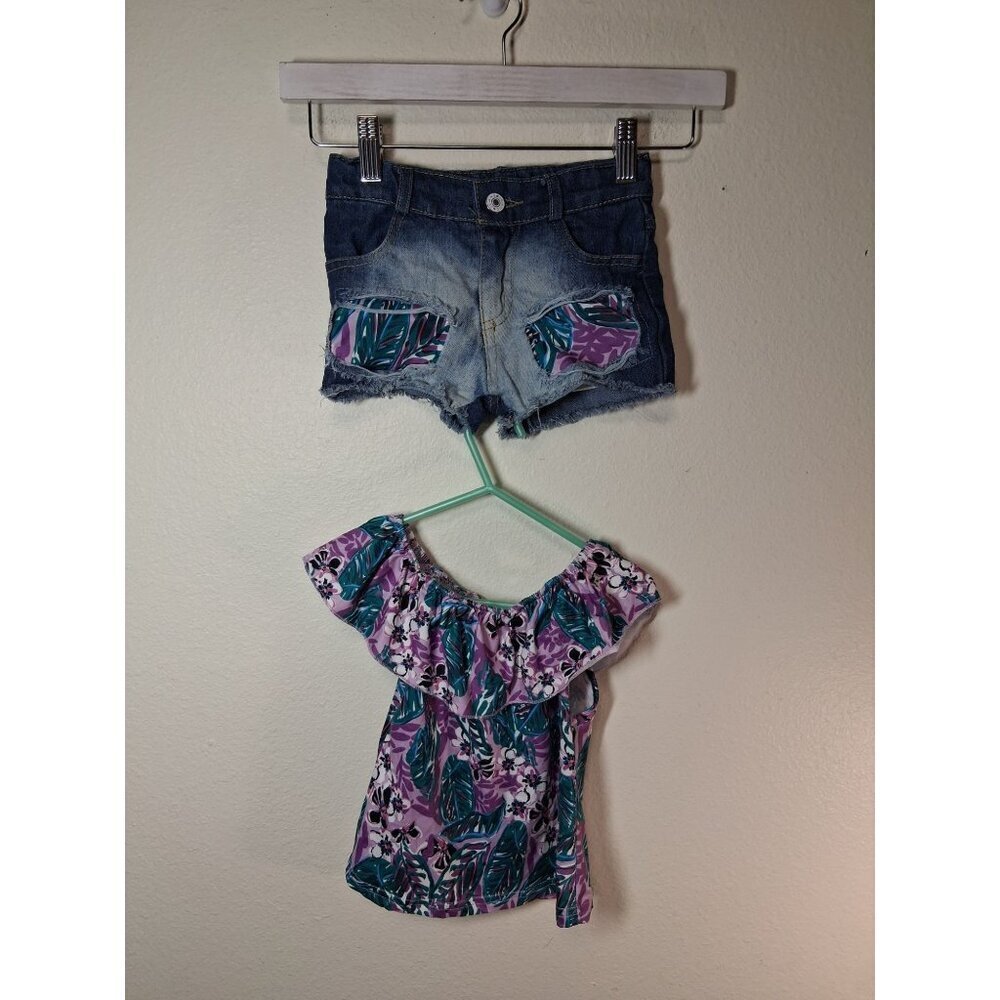 Boutique Boho 2 Piece Outfit Floral Tropical Denim Shorts Tank Top Girls Size XS